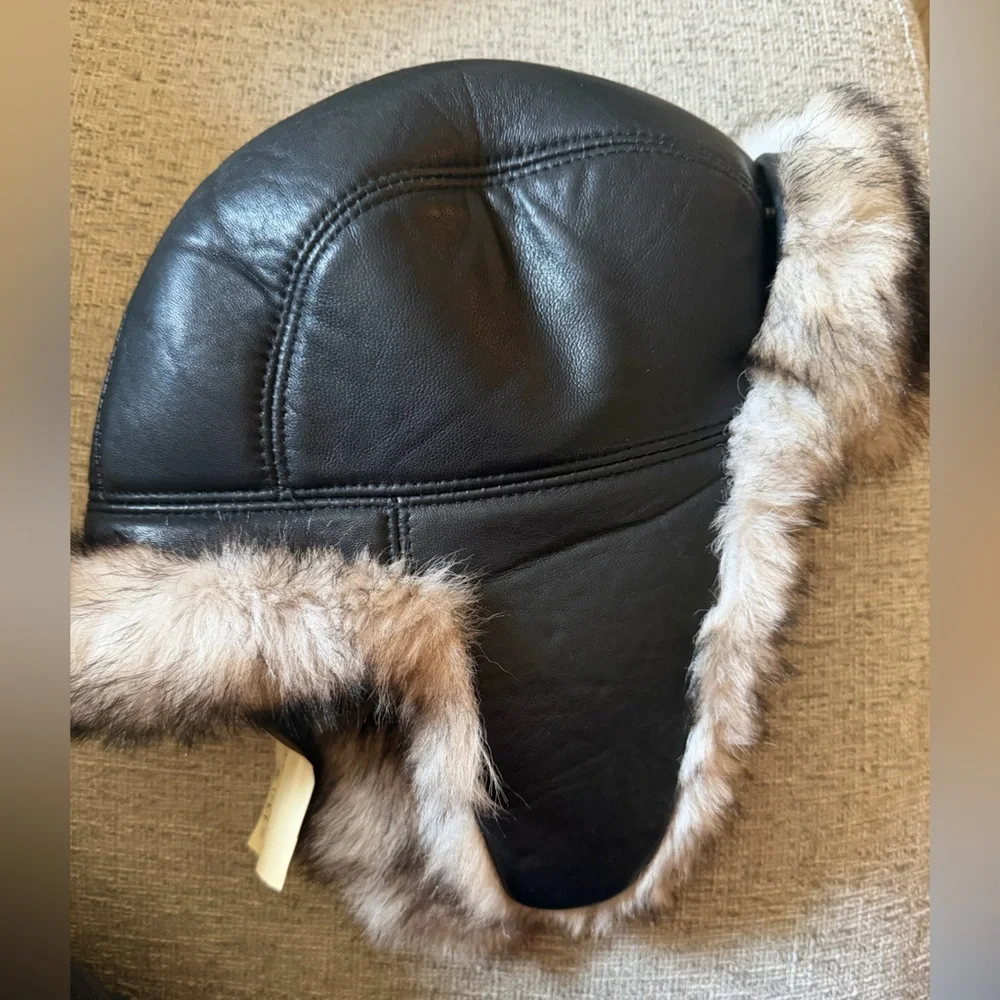Zabari 100% Genuine Leather Black Trapper Hat with Fur Trim and Ear Flaps NWT